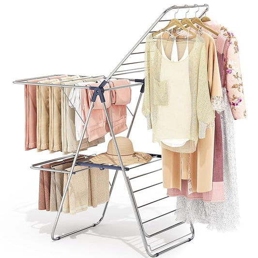 APEXCHASER Clothes Drying Rack with 4 Wings, Stainless Steel Drying Rack Clothing with Height-Adjustable, Foldable Gullwings Laundry Drying Rack, Indoor Outdoor Use, No Assembly, Blue-CubbioJoy
