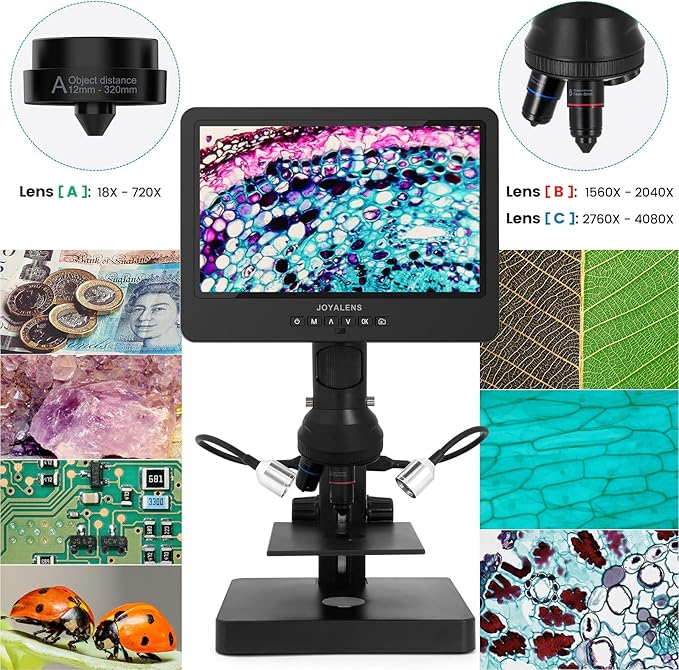 JL249PS 3 Lenses 10 Inch HDMI LCD Digital Microscope, UHD 4000× 24MP Biological Microscope with Prepared Slides, Coin Microscope for Full-Size Coins Error Coins, PC/TV Compatible, 32G Card-CubbioJoy