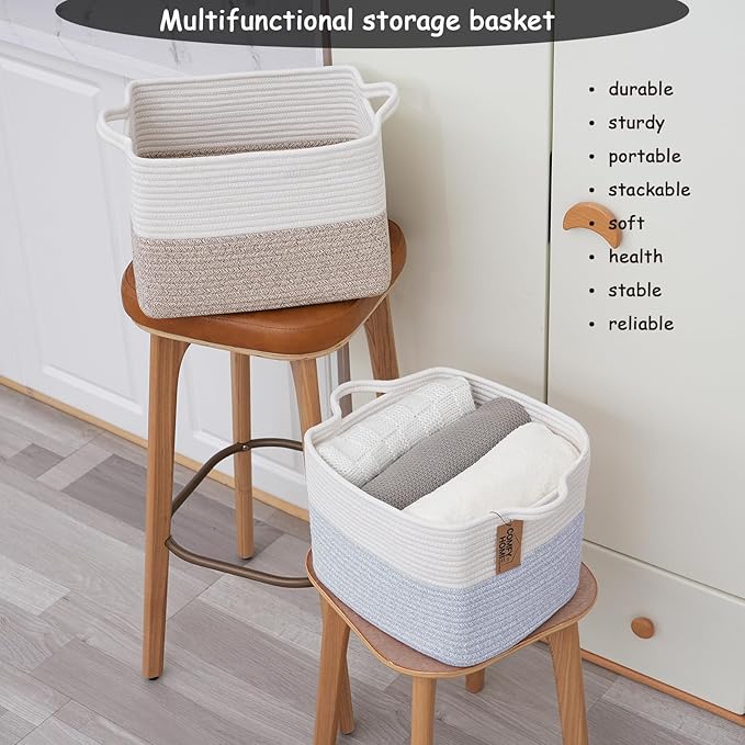 COMFY-HOMI 3PACK Cotton Rope Square Baske with Handles for Shelves|Dog Toy Baske Bin and Storage|Baby Baske for Gift|Shoe Baske for Organizing|13.5" x 11" x 9.5" for Living Room（White/Blue）-CubbioJoy