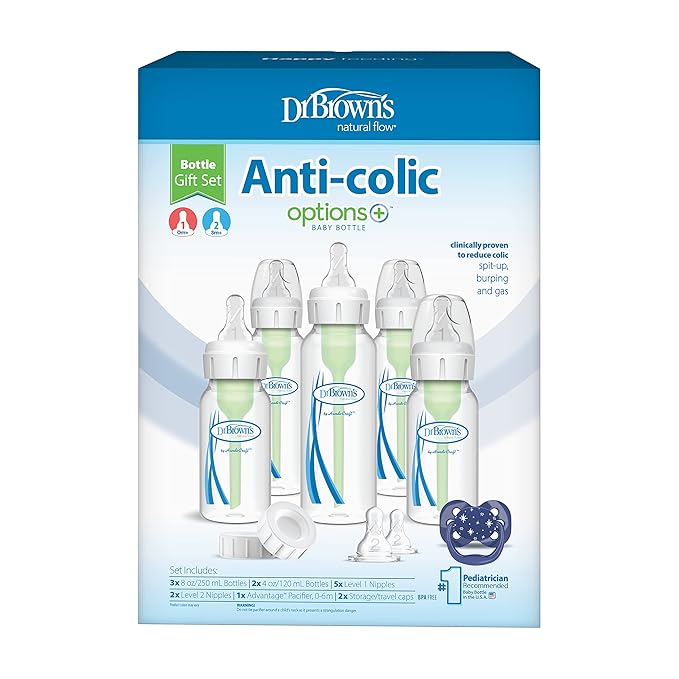 Dr. Brown's Natural Flow Anti-Colic Options+ Narrow Baby Bottle Gift Set with Advantage Pacifier, and Bottle Travel Caps-CubbioJoy