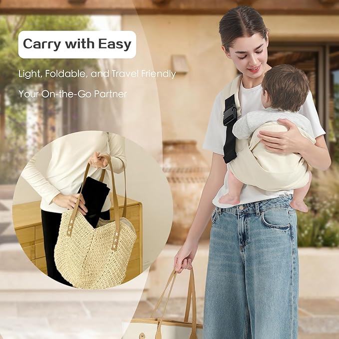 Baby Sling Carrier, Toddler Carrier Sling with Double Safety Buckle and Adjustable Shoulder Strap(7-30lbs), Baby Carriers One Size Fits All, Beige-CubbioJoy