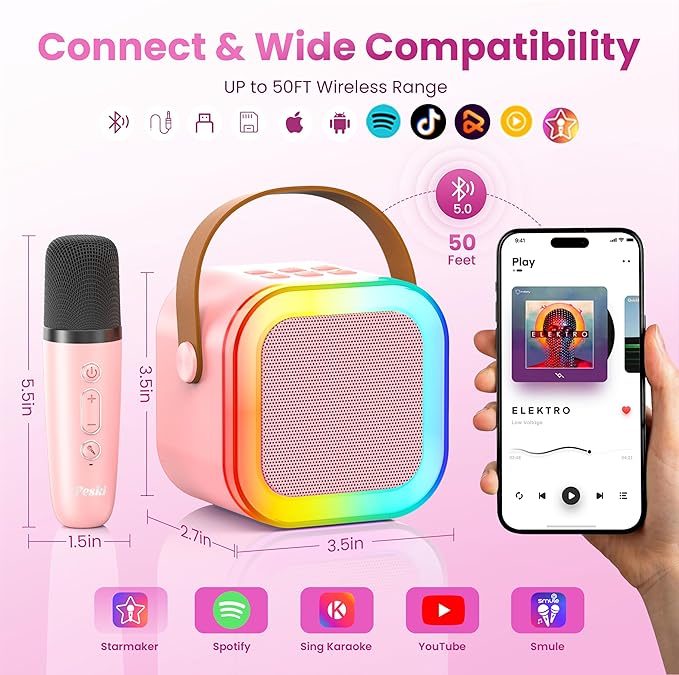 Karaoke Machine for Kids Adults, Portable Bluetooth Mini Karaoke Microphone Singing Speaker with 2 Mic and Light,Toys for All Smartphones,Birthday, Family,Home Party (Pink)-CubbioJoy