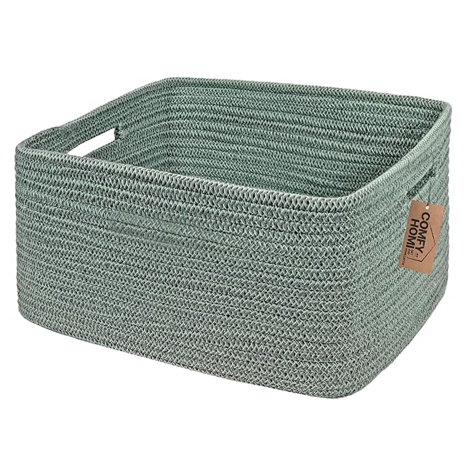 COMFY-HOMI Cotton Rope Woven Basket with Handles for Shelves,Toys,Book, Cloth Storage Baskets for Organizing-17" x 13" x 7.5" Toy Decorative Organizer for Living Room, Bathroom （Green）-CubbioJoy