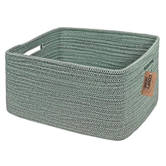 COMFY-HOMI Cotton Rope Woven Basket with Handles for Shelves,Toys,Book, Cloth Storage Baskets for Organizing-17" x 13" x 7.5" Toy Decorative Organizer for Living Room, Bathroom （Green）-CubbioJoy