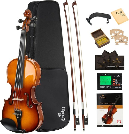 Cecilio 3/4 Violin Solidwood Violin with D'Addario Prelude Strings, Bow, Rosin, Tuner, Shoulder Rest & Lesson Book – Ideal for Beginners-CubbioJoy