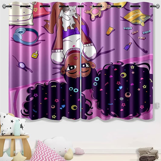 Black Girl Blackout Curtains 2 Panels 63" Inch Drapes for Kids Nursery Bedroom Purple Girls Blackout Curtains Cute Girls Themed Grommet Top Thermal Insulated Curtains for Nursery, 82" x 63"-CubbioJoy