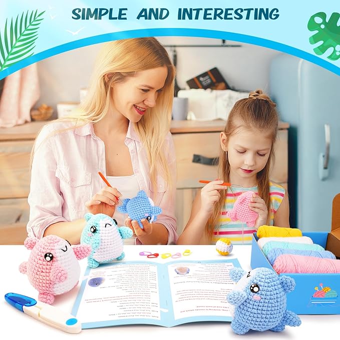 Crochet Kit for Beginners -3 PCS Sharks with a Ball Crochet Kit with Step-by-Step Video Tutorials, Beginner Crochet Kits for Adults Kids, Crochet Animal Kit, Shark Beach Party Crocheting Set-CubbioJoy