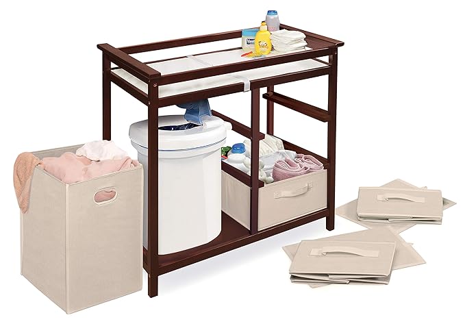 Badger Basket Modern Baby Changing Table with Laundry Hamper, 3 Storage Drawers and Pad, Diaper Change Station - Cherry/Ecru-CubbioJoy