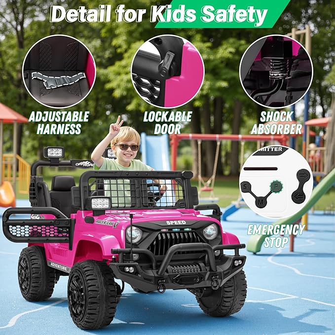 2 Seater Ride On Car Truck with Remote Control XL, Kids 24V Battery Powered Electric Vihicle w/21 in Seat, 3 Speeds, 2WD/4WD Switichable, Shock Absorbers,Bluetooth, Flower, Gift Choice-CubbioJoy