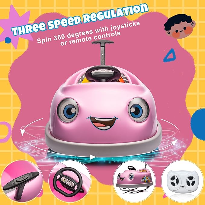 12V Dual Battery Electric Ride on Kids Bumper Car w/Remote Control,360 Degree Spin,Push Rod Rocker Horse Function,3-Speeds Babies & Toddlers Bumping Car Ride on Toy Gift for 1-4 Years Children (Pink)-CubbioJoy