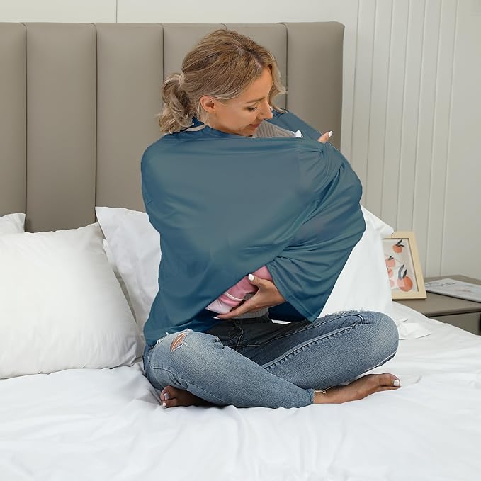 Breathable Car Seat Cover for Babies – Multi-Purpose Soft Rayon Nursing Cover for Breastfeeding, High Stretchy Infant Carseat Canopy, Stroller Cover (Smooth Rayon, Blue)-CubbioJoy