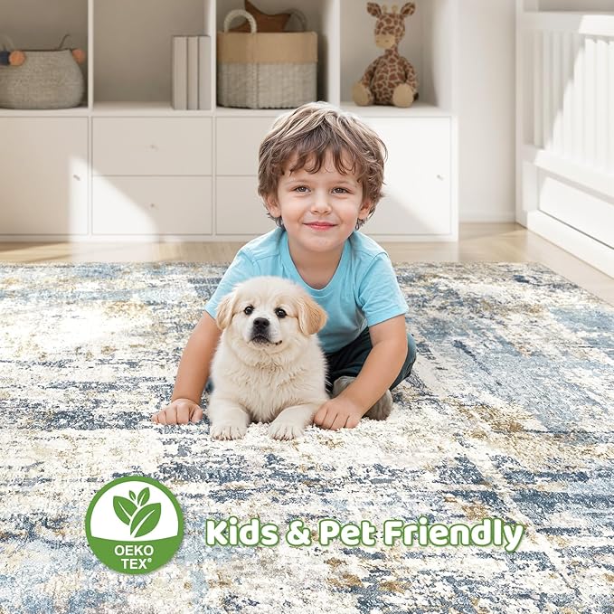 8x10 Area Rugs Washable Rug: Living Room Large Abstract Modern Soft Stain Resistant Indoor Floor Non Slip Accent Carpet for Bedroom Nursery Playroom Office Dining Room Dorm Home House- Blue-CubbioJoy