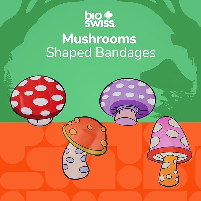 BioSwiss Bandages, Mushroom Shaped Self Adhesive Bandage, Latex Free Sterile Wound Care, Fun First Aid Kit Supplies for Kids and Adults, 24 Count-CubbioJoy