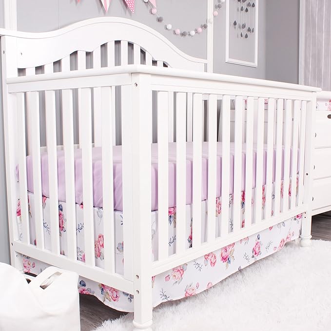 Belsden Floral 3 Piece Crib Bedding Set for Baby Boys Girls, Classic Nursery Bedding Essential Including Comforter, Crib Sheet and Crib Skirt, Ultra Soft Cozy, Floral Purple-CubbioJoy