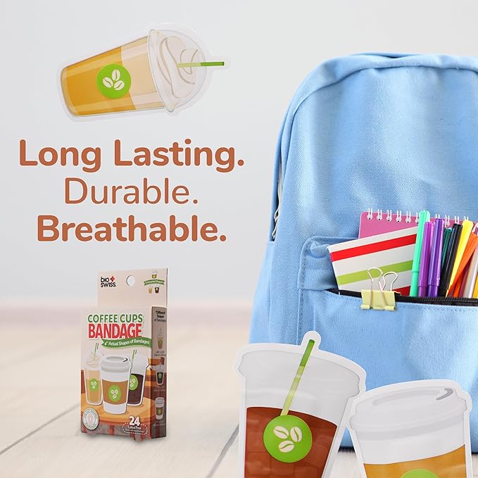 BioSwiss Bandages, Coffee Cup Shaped Self Adhesive Bandage, Latex Free Sterile Wound Care, Fun First Aid Kit Supplies for Kids, 24 Count-CubbioJoy