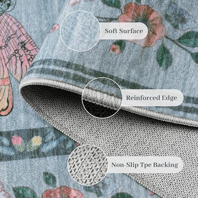 5x7 Washable Area Rug with Insect Print - Bug Rug Non-Shedding Stain Resistant Soft Carpet for Bedroom, Low Pile Ultra-Thin Machine Washable Carpet for Dining Room, Kids Nursery, Office (5'x7' Blue)-CubbioJoy