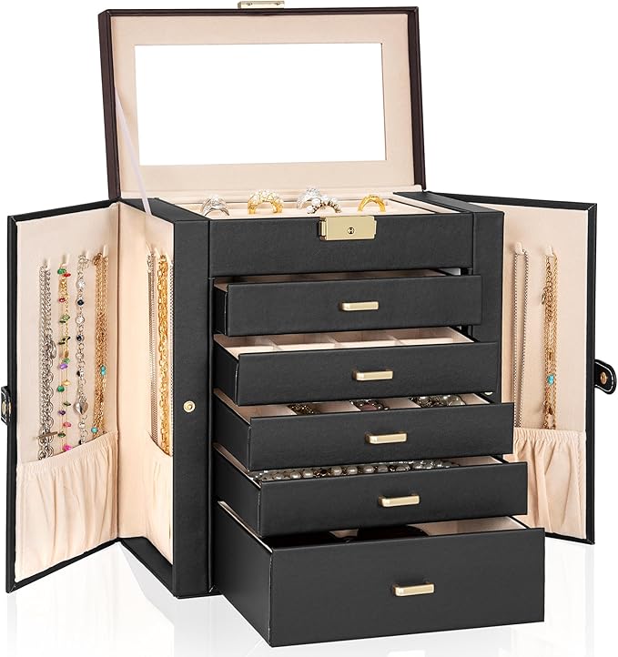 AKOZLIN Large 6-Tier Jewelry Box Lockable Leather Jewelry Storage Case with 5 Drawers for Women Girls Ring Necklace Earring Bracelet Holder Organizer with Mirror-CubbioJoy