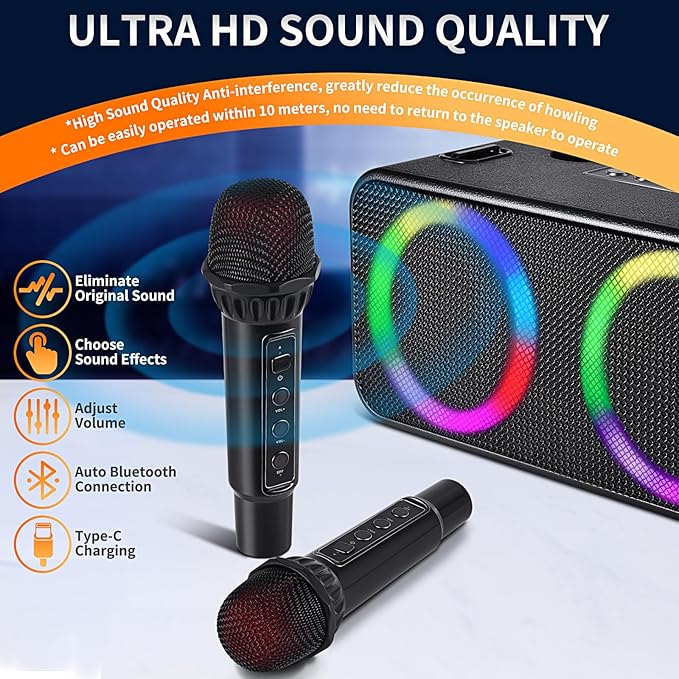 Karaoke Microphone Machines Kids Adults, Karaoke Machine Bluetooth Sound Effects, Bluetooth Wireless Speakers Kareokee Machine Light TF Card/USB Portable Home Party Outdoor/Indoor, Black-CubbioJoy