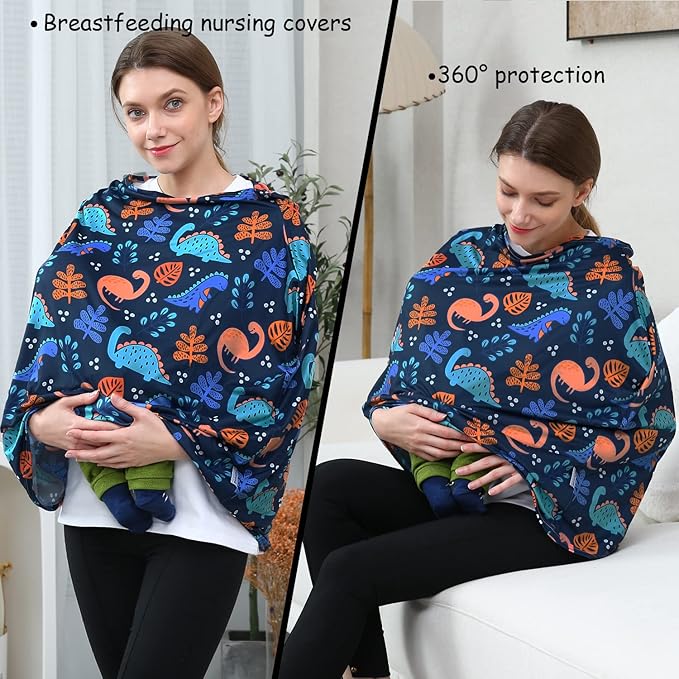 Car Seat Covers for Babies - Multi-use Carseat Canopy Cover Breastfeeding Covers, Stroller Canopy Cover (Navy Dinosaur)-CubbioJoy