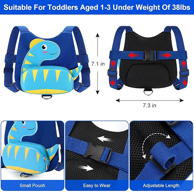 Accmor Toddler Harness with Leash, Cute Dinosaur Kids Harness + Anti Lost Wrist Link, Mini Child Harness Leash Wristband Strap Belt Protector for Baby Boys Girls to Outdoor Travel (Blue)-CubbioJoy