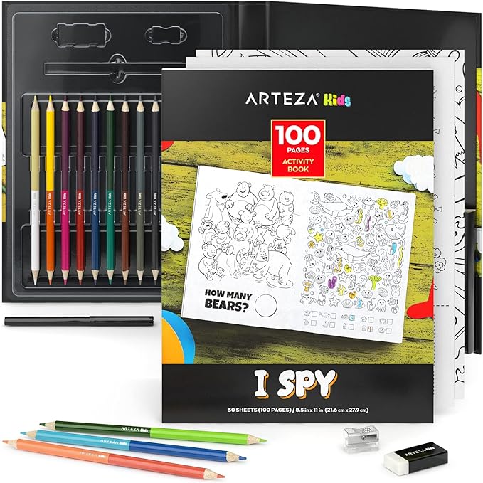 Arteza Kids Activity Book, I Spy Coloring Book, 8.5 x 11 Inches, School Supplies for Ages 6 and Up, 50 Sheets, 12 Double-Ended Colored Pencils, Black Marker, Eraser, Pencil Sharpener-CubbioJoy