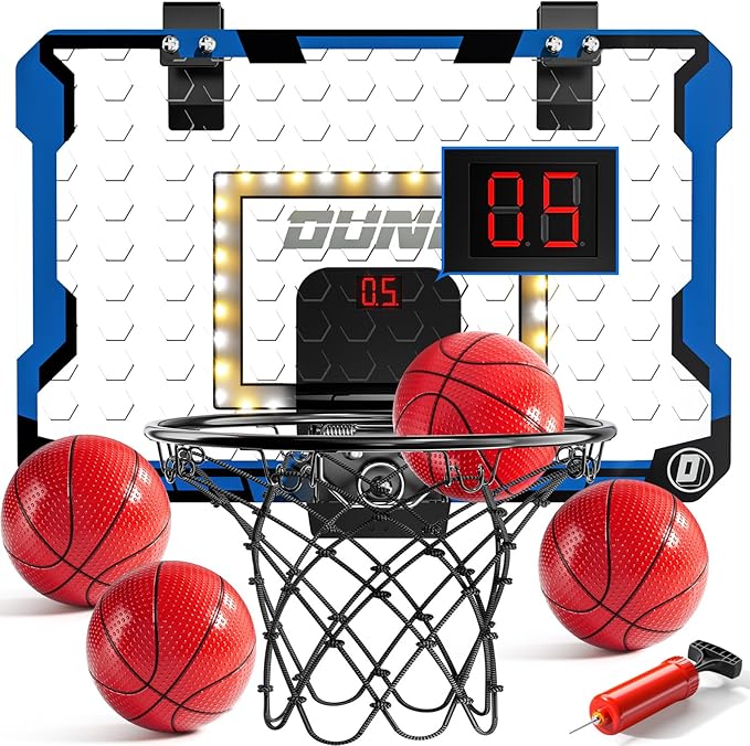 Indoor Basketball Hoop for Kids, Over The Door Mini Basketball Hoops, LED Light Mini Hoop with Scoreboard & 4 Balls, Kids Basketball Hoop Sport Toys Gifts for 5 6 7 8 9 10 11 12+Year Old Boys-CubbioJoy