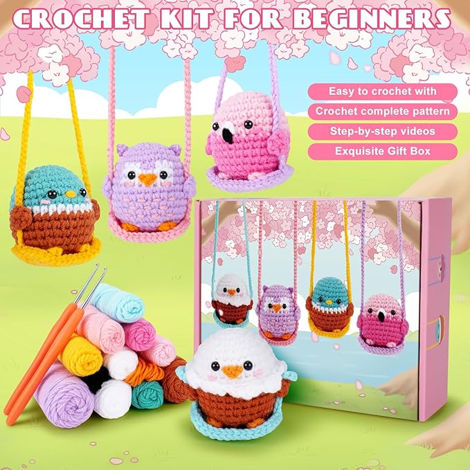 Crochet Kit for Beginners -4 PCS Bird Crochet Kits with Step-by-Step Video Tutorials, Beginner Crochet Kit for Adults and Kids, Crochet Birds On The Swings(Mallard Bald Eagle Flamingo Owl)-CubbioJoy