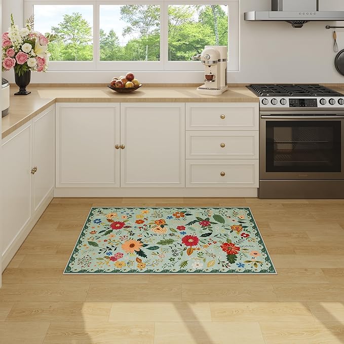 2x3 Washable Rug for Entryway, Floral Green Soft Small Area Rug, Non Slip Doormat Indoor Entrance Carpet, Flower Low Pile Front Door Throw Rug for Bedroom, Kitchen, Laundry, Bathroom, Sage Green-CubbioJoy