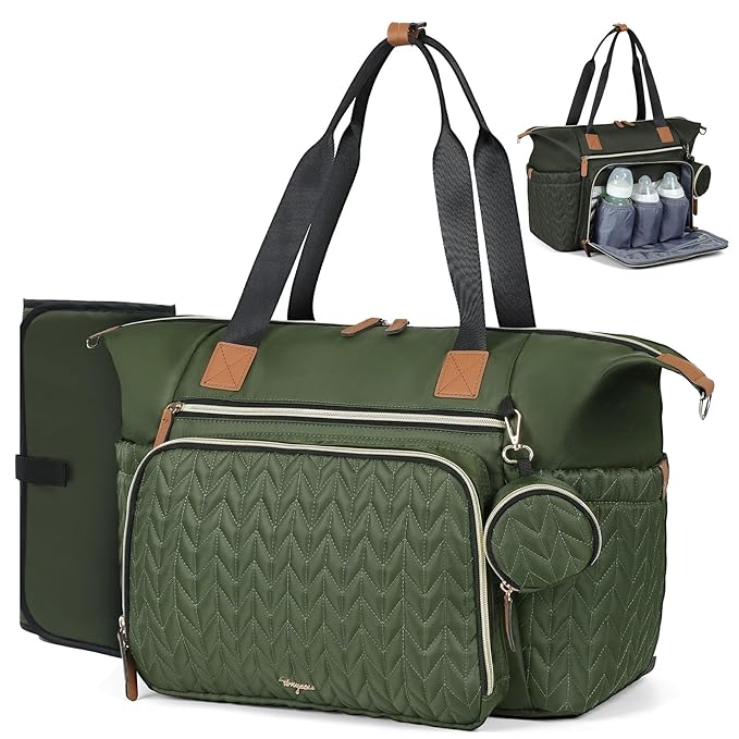 Diaper Bag Tote, Large Baby Diaper Bags Waterproof, Hospital Bag for Labor Delivery with Pacifier Case, Changing Pad, Shoulder Strap, Dark Green-CubbioJoy