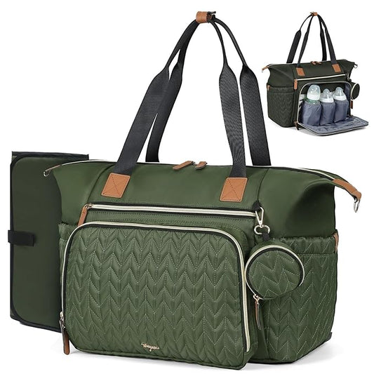 Diaper Bag Tote, Large Baby Diaper Bags Waterproof, Hospital Bag for Labor Delivery with Pacifier Case, Changing Pad, Shoulder Strap, Dark Green-CubbioJoy