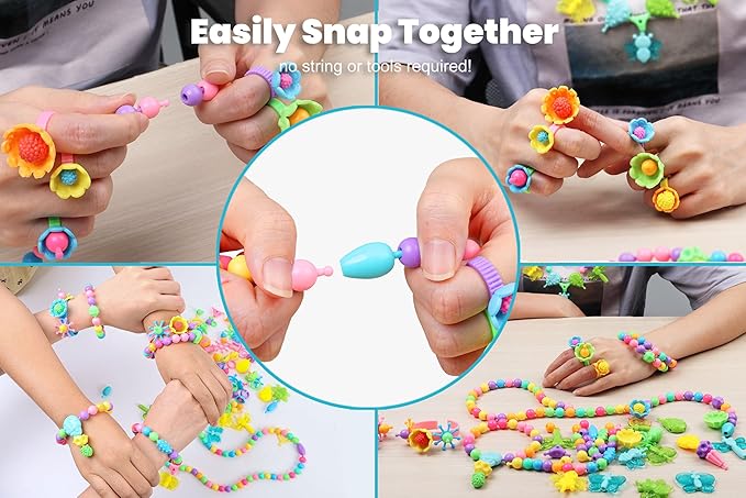 BIRANCO. Deluxe Beading Set with 350+ Pop Beads Include Butterfly, Bee, Dragonfly with Transparent Wings, and Ladybug Jewelry Making Kit for Kids Ages 3-8-CubbioJoy