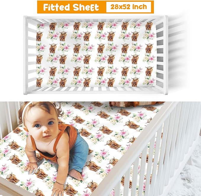 Baby Crib Bedding Set - Highland Cow Design Nursery Bed 3 Pcs Set - Chic Soft Blanket with Dotted Backing, Sheet, Pillowcase for Newborns Girls Boys Gifts Color01-CubbioJoy