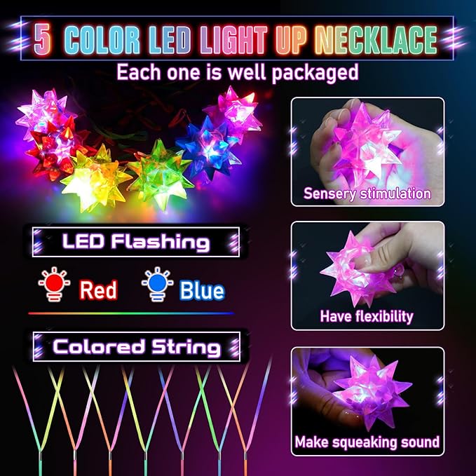 70 PCS Flashing Crystal Star Glow Necklaces Bulk Light up Party Favors, LED Glow in The Dark for Kids Adults Birthday Glow Party Rave Halloween Goodie Bags Filler-CubbioJoy