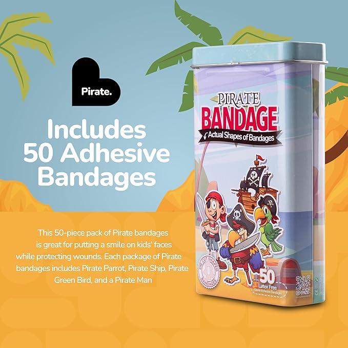 BioSwiss Bandages, Pirate Shaped Self Adhesive Bandage, Latex Free Sterile Wound Care, Fun First Aid Kit Supplies for Kids and Adults, 50 Count-CubbioJoy