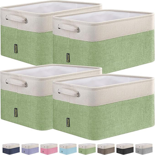 BALEINE 4 Pack Fabric Storage Bins for Shelves, Linen Storage Baskets for Organizing, Decorative Closet Bins for Clothes, Home (Green, 15''x11''x9.5'')-CubbioJoy