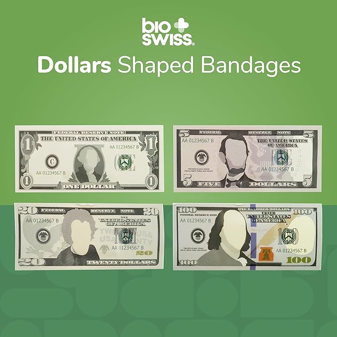 BioSwiss Bandages, Money Shaped Self Adhesive Bandage, Latex Free Sterile Wound Care, Fun First Aid Kit Supplies for Kids, 50 Count-CubbioJoy