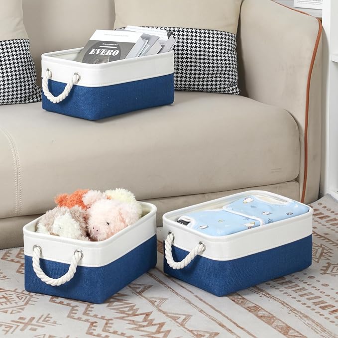 Bidtakay Small Storage Baskets for Shelves 3 Pack Fabric Storage Bins for Organizing Linen Collapsible Organizer for Closet-White&Blue-CubbioJoy