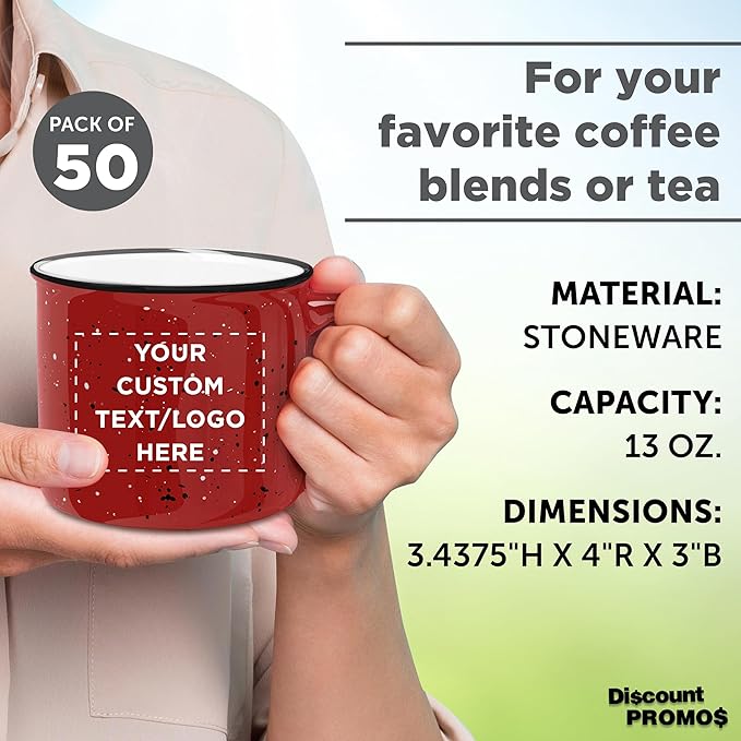 DISCOUNT PROMOS Custom Ceramic Campfire Coffee Mugs 13 oz. Set of 50, Personalized Bulk Pack - Perfect for Tea, Espresso, Cappuccino, Hot Cocoa - Red-CubbioJoy