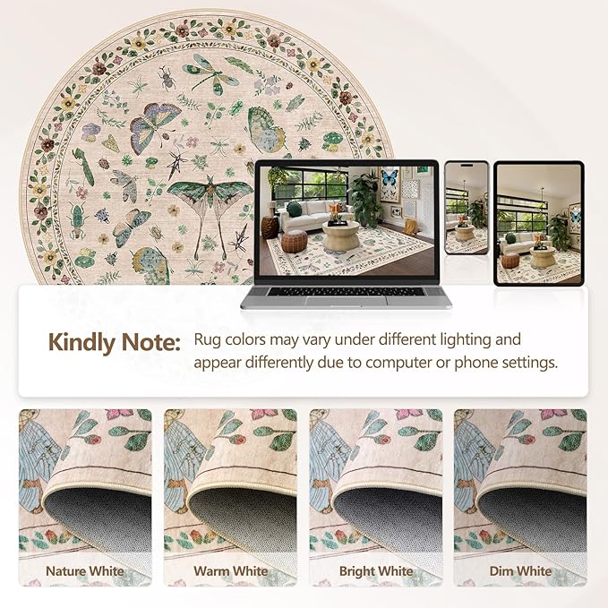 6ft Washable Round Rug - Bug Rugs for Living Room Non-Slip Low Pile Soft Ultra-Thin Machine Washable Circle Carpet for Bedroom, Entryway, Nursery, Kitchen, Home Office (6' Round Beige)-CubbioJoy