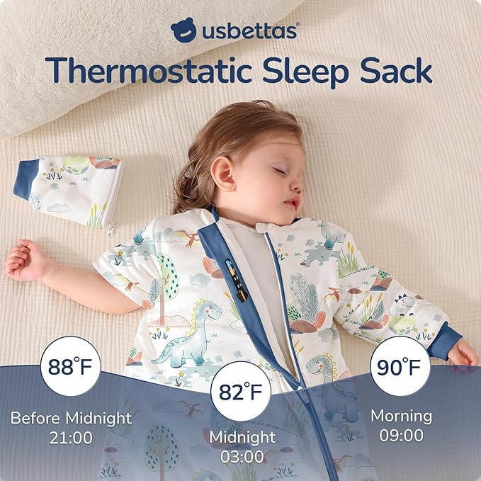 Baby Sleep Sack 12-18 Months, Cotton Detachable Long Sleeve Sleep Sack, 2.5 Tog Toddler Sleeping Sack with Temperature Strips, 2-Way Zipper Wearable Blankets for Newborns, Dinosaur-CubbioJoy
