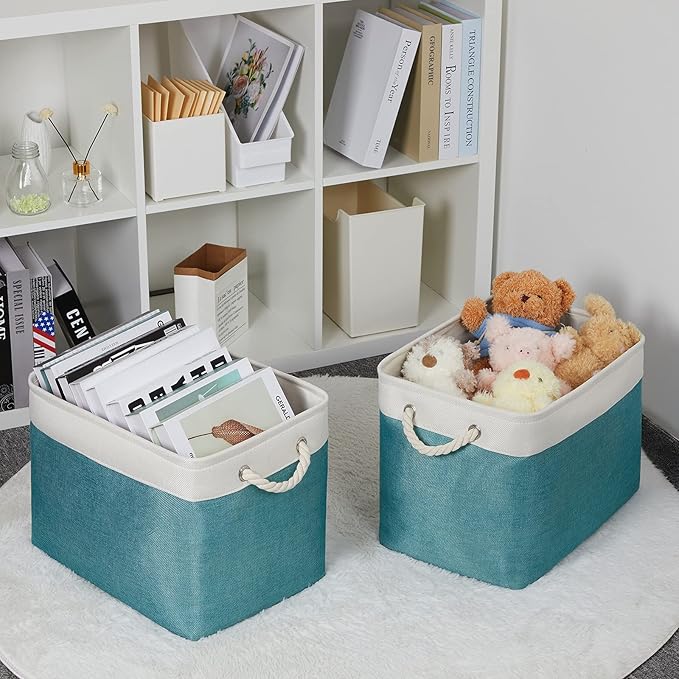 Bidtakay Foldable Storage Bins Set of 2 Tall Cloth Baskets 16" X 11.8" X 11.8" Decorative Organizers for Linen Closet (White & Teal)-CubbioJoy