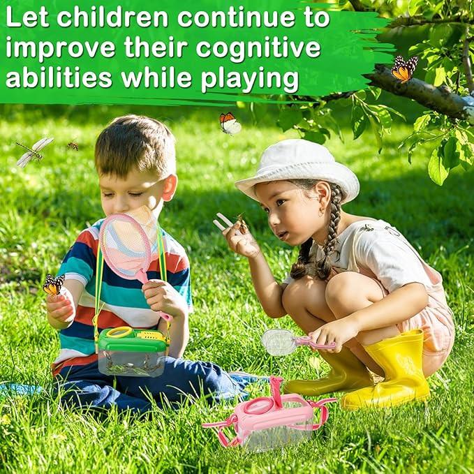 2Sets Bug Catcher for Kids - Sturdy Kids Bug Catching Kit Gifts with Collector Butterfly Net Tweezer, Bugs Habitat Outdoor Explorer Kit for Age 3 4 5 6 7 8, 8Pcs, Green & Pink-CubbioJoy