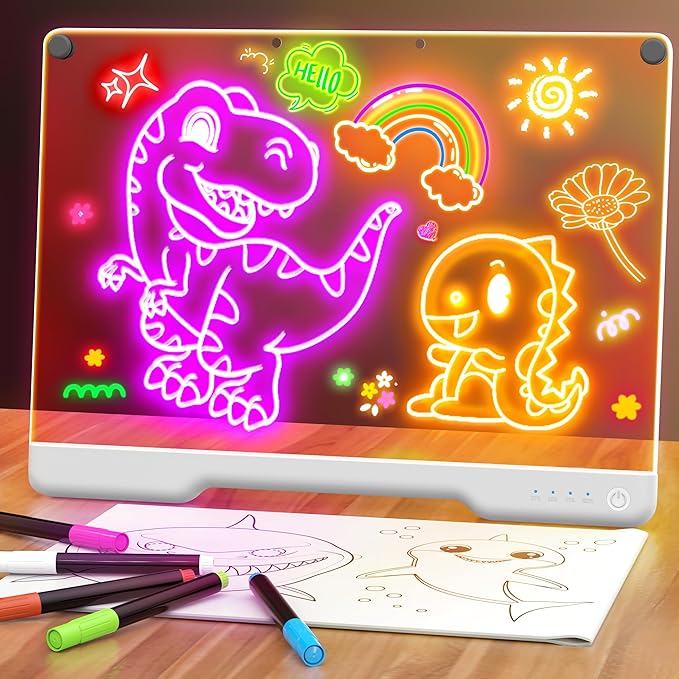16-Inch Rechargeable Doodle Glow LED Note Board, 7-Color Light Modes, Neon Art Dry Erase Light Up Drawing Pad with Built-in Stand, Sketching Gift Toy for Kids/Girls/Teens, 5 Markers & Tracing Book-CubbioJoy