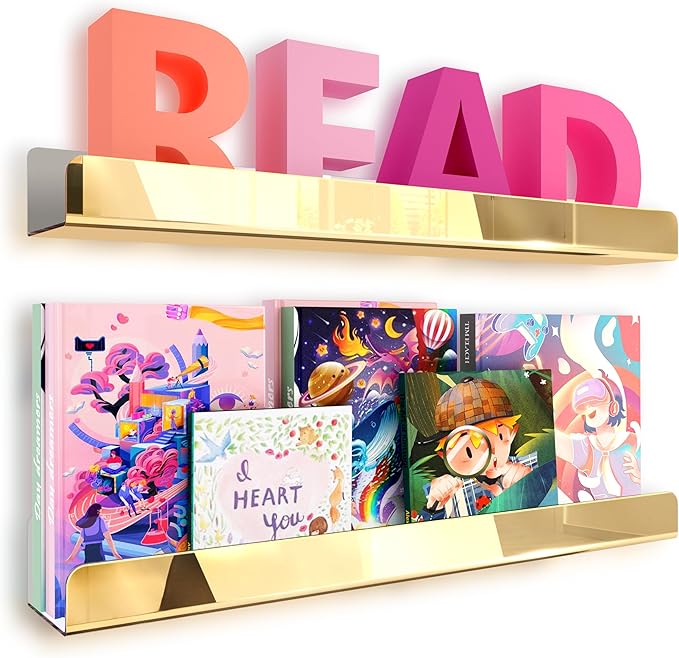 2 Pack 24 Inch Gold Reflective Acrylic Shelves, Gold Foating Shelves, Modern Sunglasses Essential Oil Picture Ledge Display Toy Storage Shelf-CubbioJoy