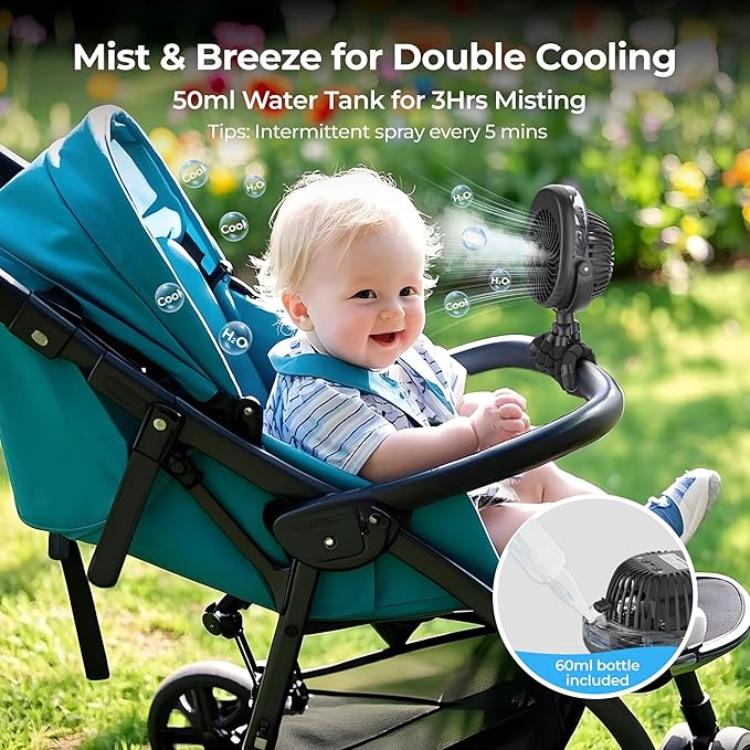 COMLIFE Misting Baby Stroller Fan, Rechargeable Battery Operated, 270° & 360° Pivoting, 50ml Portable Water Sprayer Misting Fan with Flexible Tripod Clip on Car Seat Crib Treadmill Bunk Bed-CubbioJoy