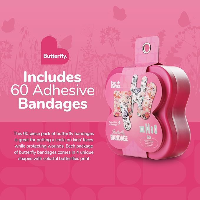 BioSwiss Bandages, Assorted Size Butterfly Print Self Adhesive Bandage, Latex Free Sterile Wound Care, First Aid Kit Supplies for Kids and Adults, 60 Count-CubbioJoy