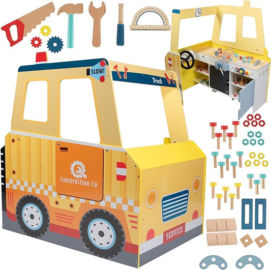 Construction Truck Wooden Playset w 60+ Toy Pieces- Pretend Hammer Saw Bolts & Screws- Spinning Turn Saw, Steering Wheel, Wood to Pull Apart- Dual Sided Play Stand Center, Workbench Building Kids Gift-CubbioJoy