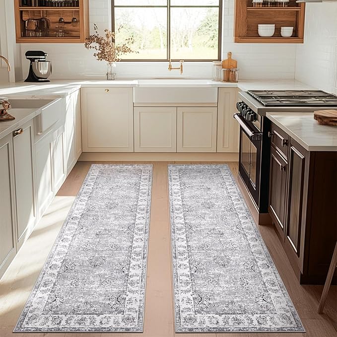 jinchan Runner Rug 3x10-2pcs Kitchen Washable Vintage Hallway Rug Floral Print Floor Cover Indoor Thin Retro Mat Accent for Bathroom Laundry Room Bedroom Office Farmhouse (Double,Grey)-CubbioJoy