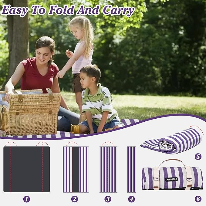 60”x 80” Picnic Blanket Waterproof and Foldable Beach Blanket, 5-Layer Outdoor Mat with Carry Strap for 6 to 8 Adults, for Camping, Park, Beach, Grass, Indoors…-CubbioJoy