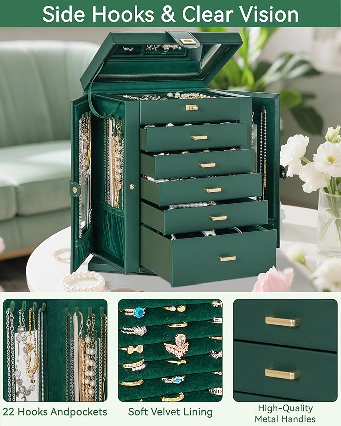 AKOZLIN 360° Rotating Jewelry Box 6-Tier Organizer Functional Jewelry Storage Case for Women Girls Ring Necklace Earring Bracelet Holder with Mirror-CubbioJoy